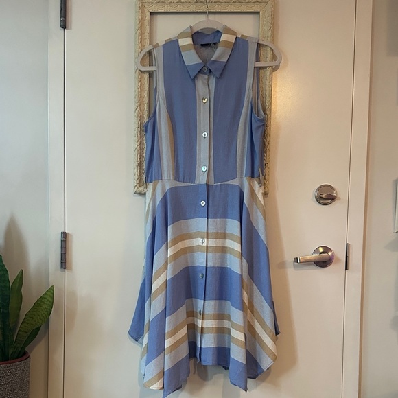 1. STATE | Linen Striped Sleeveless Swing Dress Mother of Pearl Button Up - Picture 2 of 14